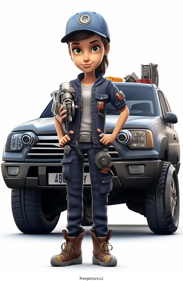 A female mechanic standing in front of a car