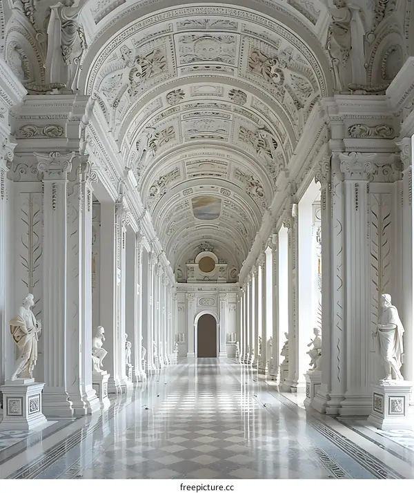 White Marble Hallway With Columns and Ornate Ceiling
