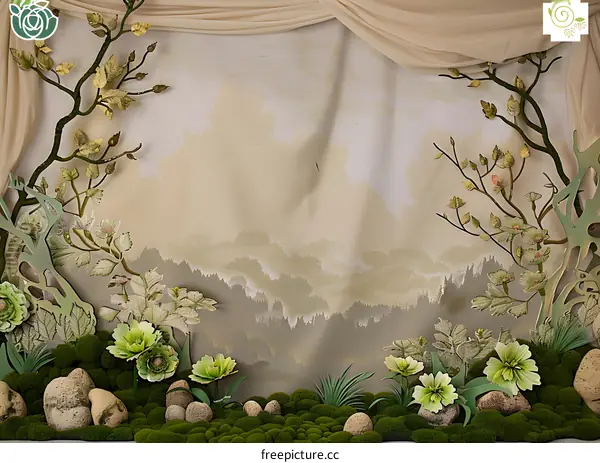 Green Floral Backdrop with Mountain Landscape