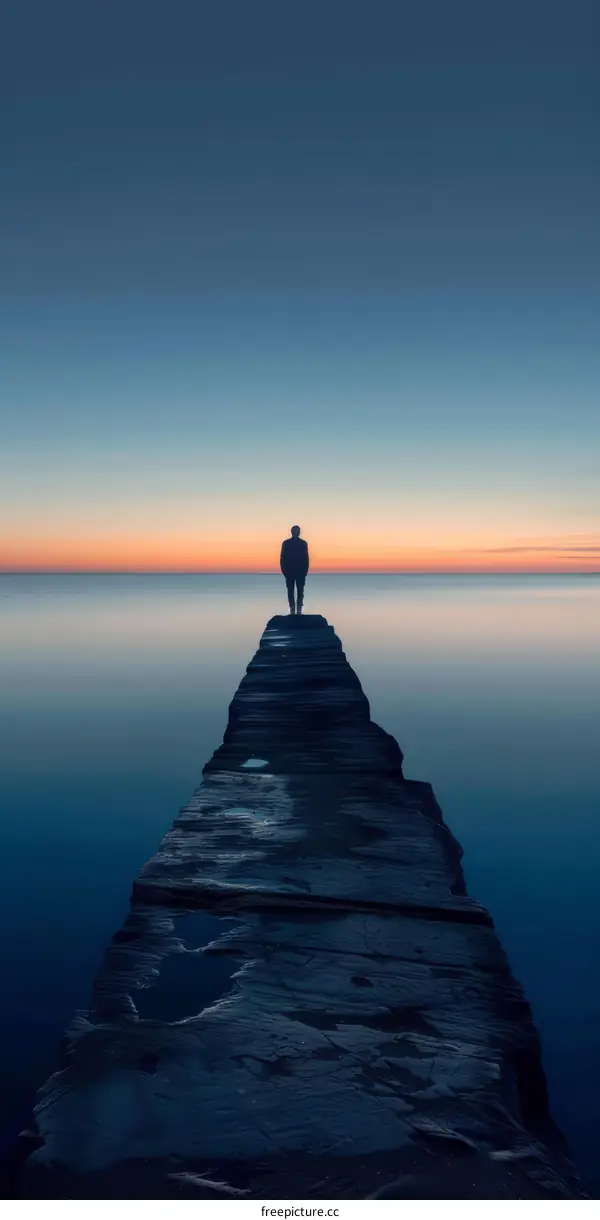 Lonely Man Standing Alone on Pier at Sunset