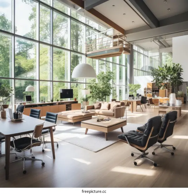 Modern office interior with large windows and a lot of plants