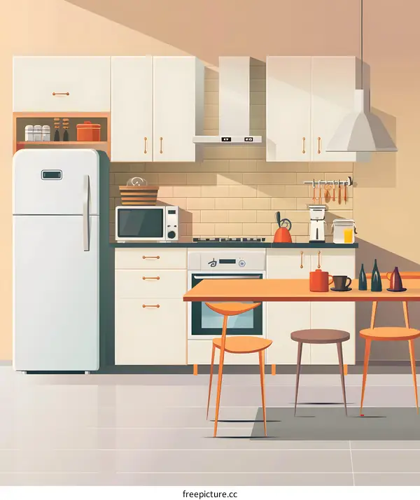 Modern Kitchen Interior Design with White Cabinets and Orange Stools