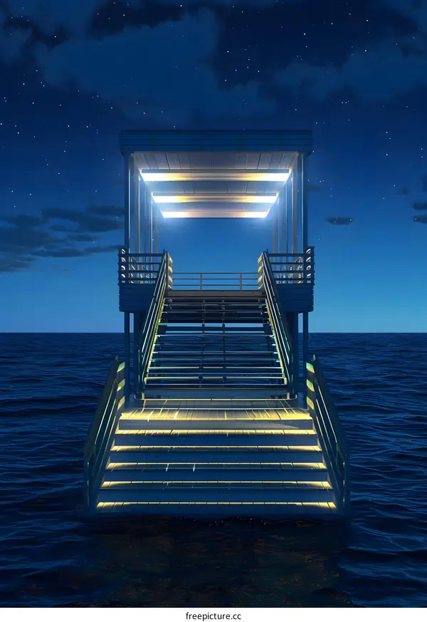 Night Sea with Wooden Stairs and Light