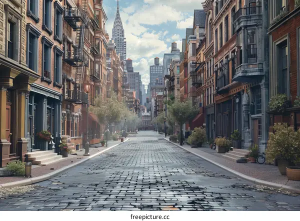 City Streetscape with Stone Brick Roadway