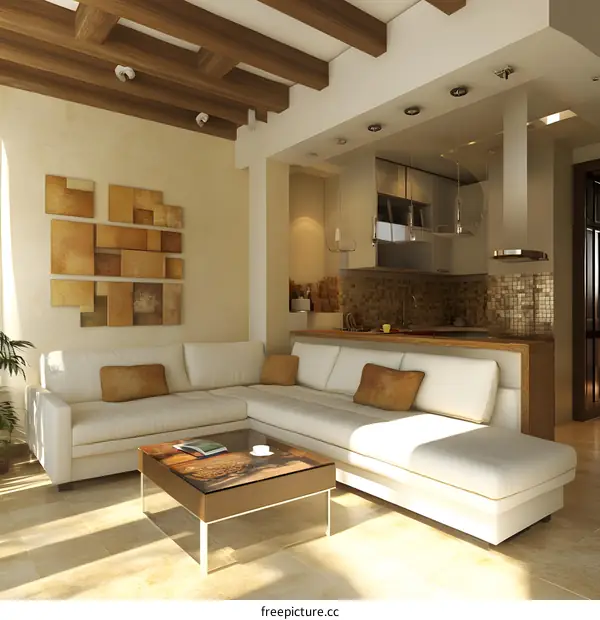 Modern Interior Design with White Sofa and Wooden Beams