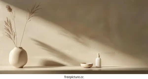 Dried plants in vase and soap bottle on shelf against beige wall