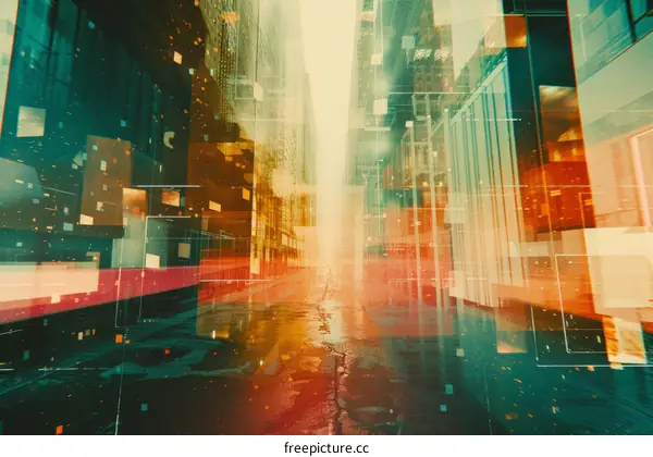 Cityscape with skyscrapers and glowing lights