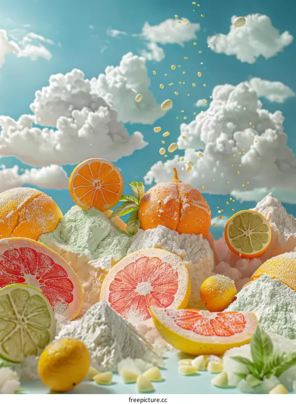 Powdered citrus fruits and sugar cubes against the backdrop of the sky