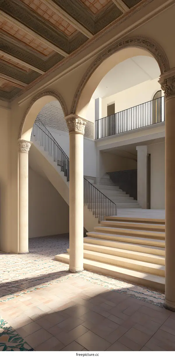 Classic Arched Interior with White Pillars and Staircase