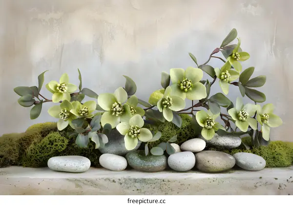 Green Flowers with Stones and Moss