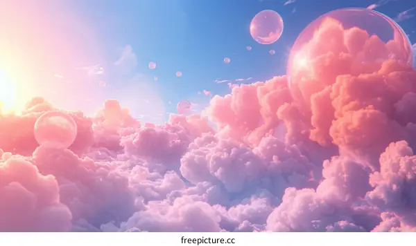 Pink cloudscape with floating bubbles