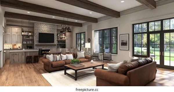 Rustic Living Room Interior Design with Leather Couches and Exposed Beams