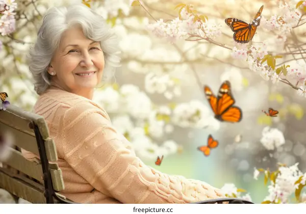 An elderly woman is sitting on a bench in a garden and there are butterflies flying around her