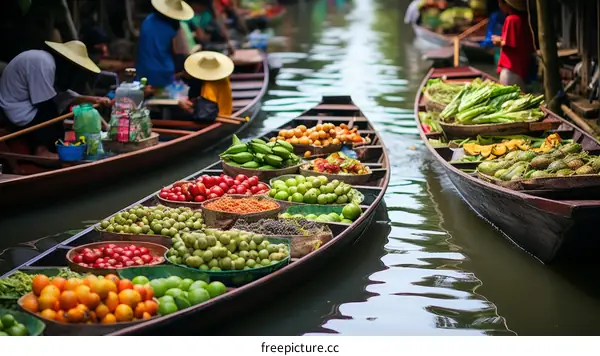 Floating market in Thailand with boats full of fresh fruits and vegetables