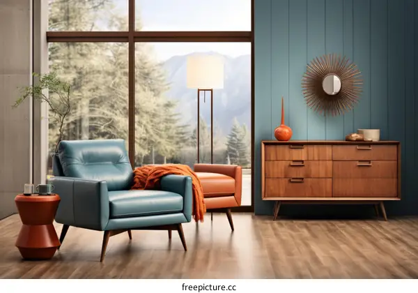 Blue Sofa with Orange Ottoman in Living Room