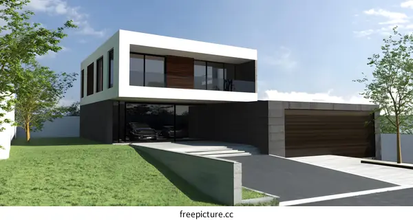 Modern House Exterior Design with Garage and Lawn