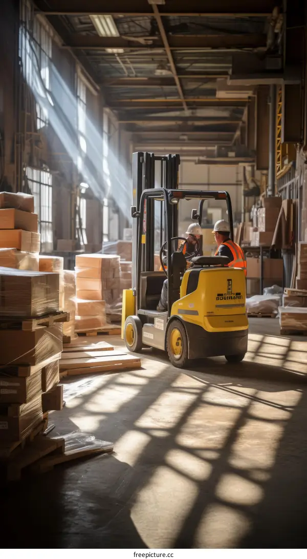 Two workers in a warehouse operate a forklift to move a pallet of boxes.