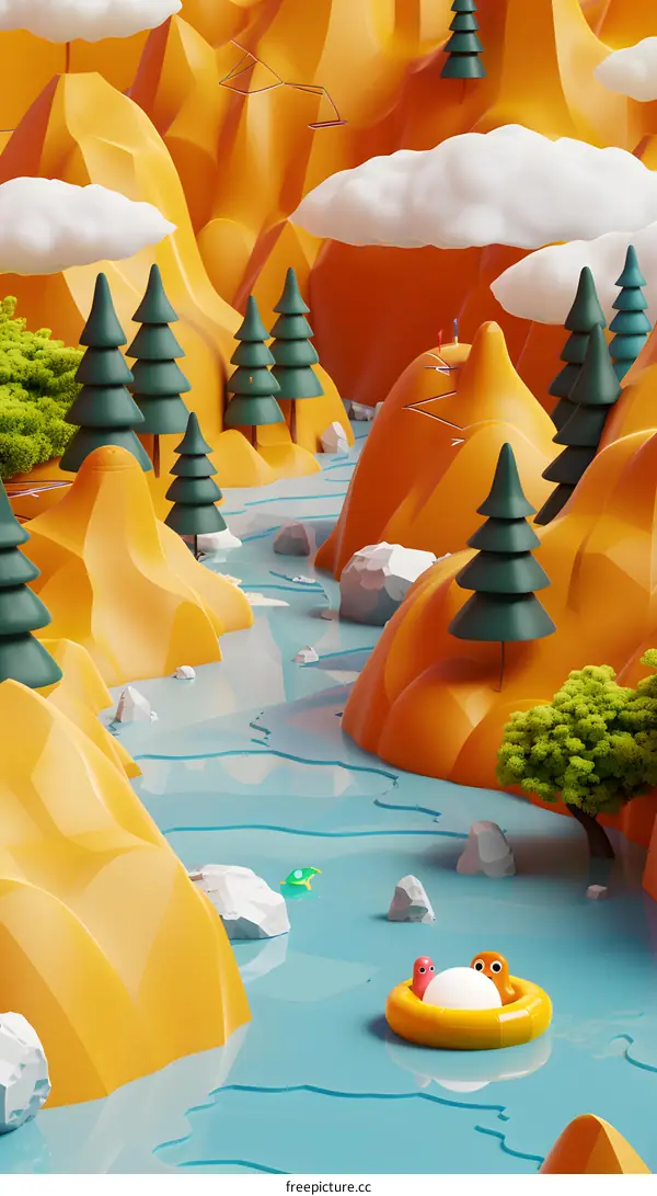 Cartoon 3D Illustration of a River in the Mountains