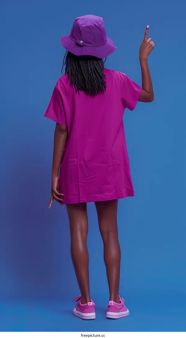 lady in purple oversized t-shirt and bucket hat pointing up