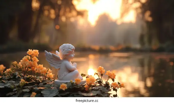 Peaceful Angel Statue by the Pond at Sunset