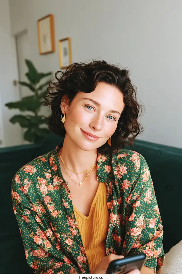 A woman with curly hair sitting on a green couch holding a smartphone