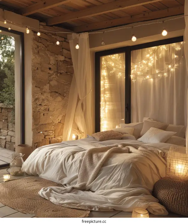 cozy bedroom with fairy lights and stone walls