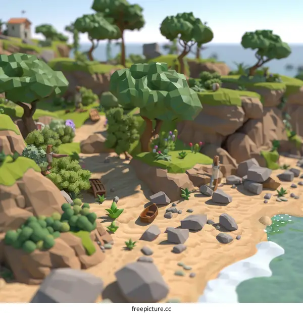 Isometric Landscape with Boat on Beach