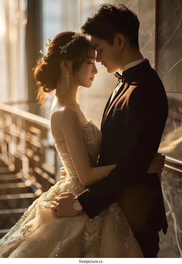 The bride and groom are holding each other in the hall