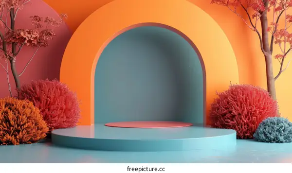 3D rendering of a stage with a pink platform and blue background