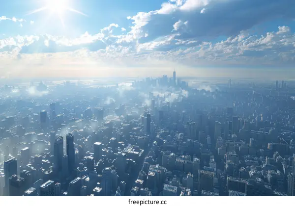Aerial View of a City with Clouds and Sunlight
