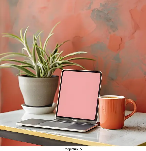 Modern Workspace with Laptop, Tablet, and Plant