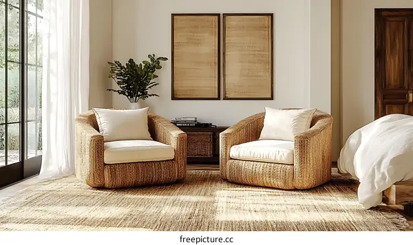 Stylish Woven Armchair in a Modern Bedroom