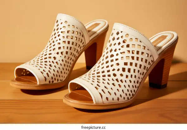 White Leather Slip-on Mules with Geometric Cutouts and Brown Heels