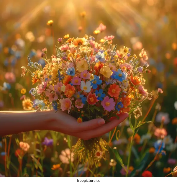 A hand holding a bouquet of colorful wildflowers in a field of flowers with a warm golden sunset in the background
