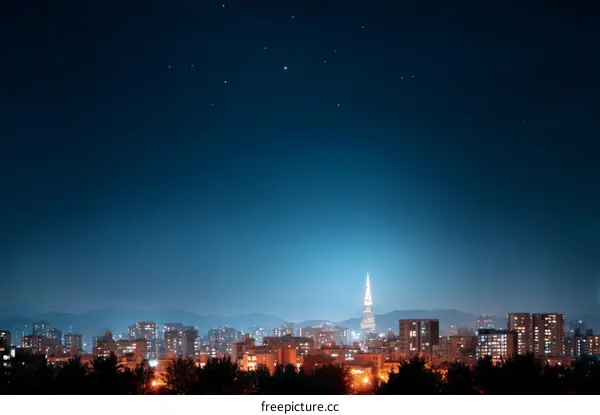 Night City Skyline with Illuminated Tower