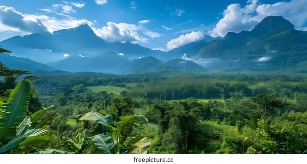Mountain Range with Lush Green Foliage and Clouds