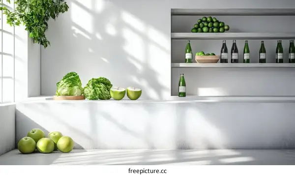 Modern Minimalist Kitchen Still Life with Fresh Produce and Drinks