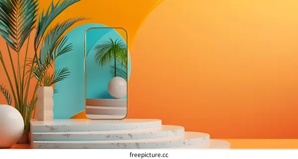 Minimalist 3D Rendering Of A White Round Platform With A Palm Tree And A Blue Wall In The Background
