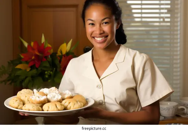 Portrait of a smiling woman holding a plate of cookies