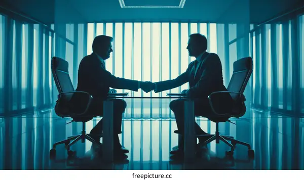 Businessmen shaking hands in an office with blue light