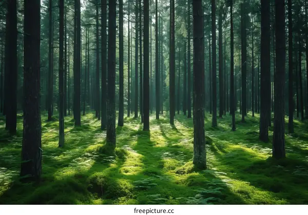 Sunlight shining through the trees in a dense green forest