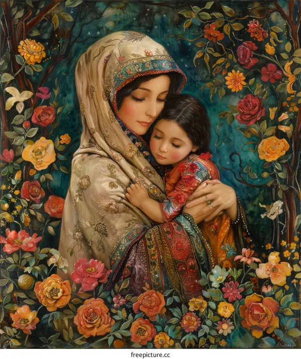 Mother and Child in a Floral Garden