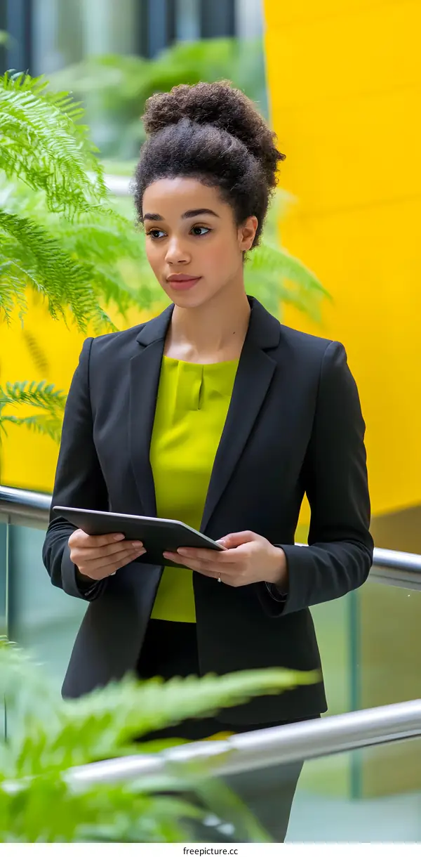 Professional Woman with Curly Hair in Business Attire Holding Tablet Looking Down