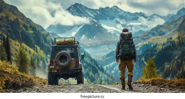 Man walking towards a mountain