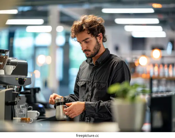 Focused barista steaming milk for cappuccino