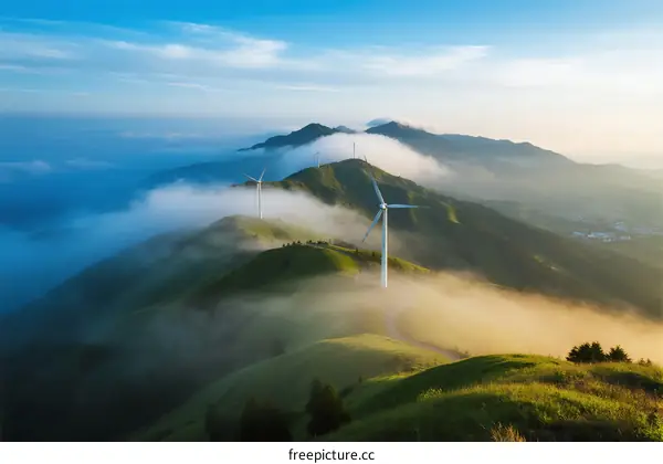 Misty mountain peaks with wind turbines under a clear sky