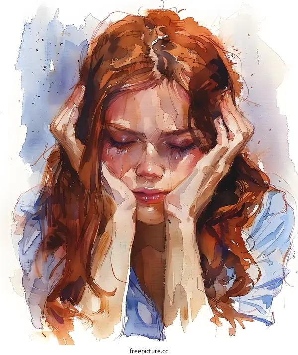 A crying woman with red hair holding her head in her hands