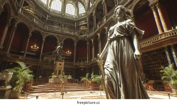 Themis inside a library holding a sword and scales of justice