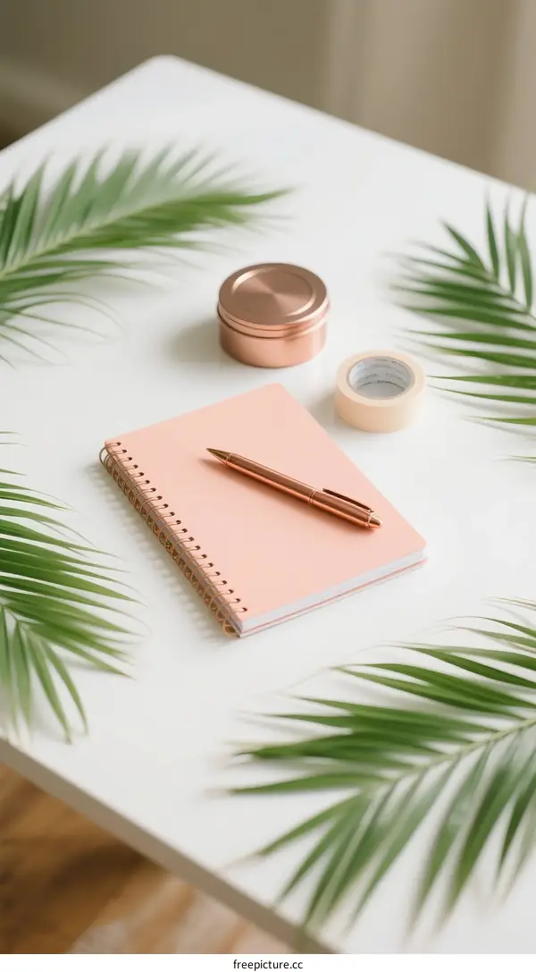 Minimalist workspace with notebook pen and palm leaves