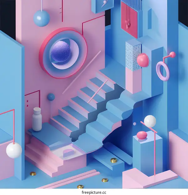 Abstract 3D Illustration of a Staircase in a Pink and Blue Room